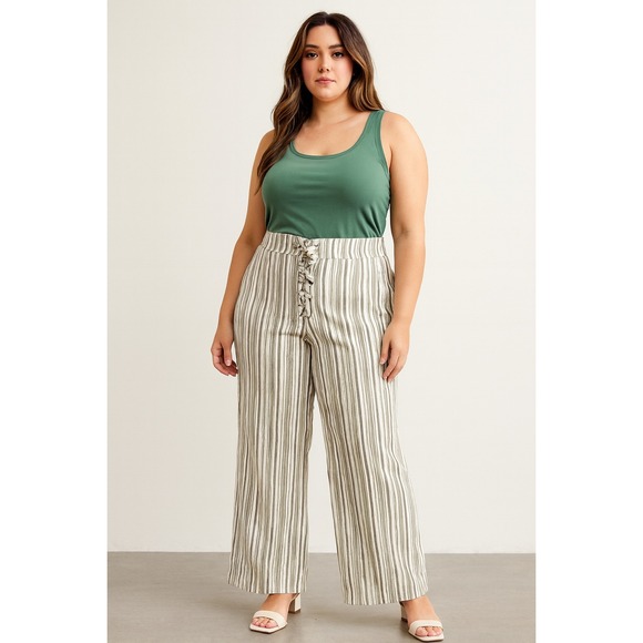 Ideology Women's Striped Wide Leg Palazzo Pants Drawstring Waist Sage/White 10 - Picture 1 of 10